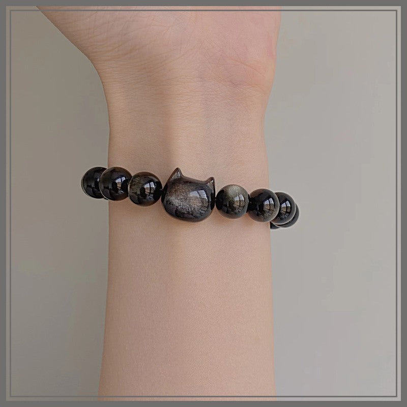 FJHDIY059 Silver Obsidian Cat Head Bracelet 8mm