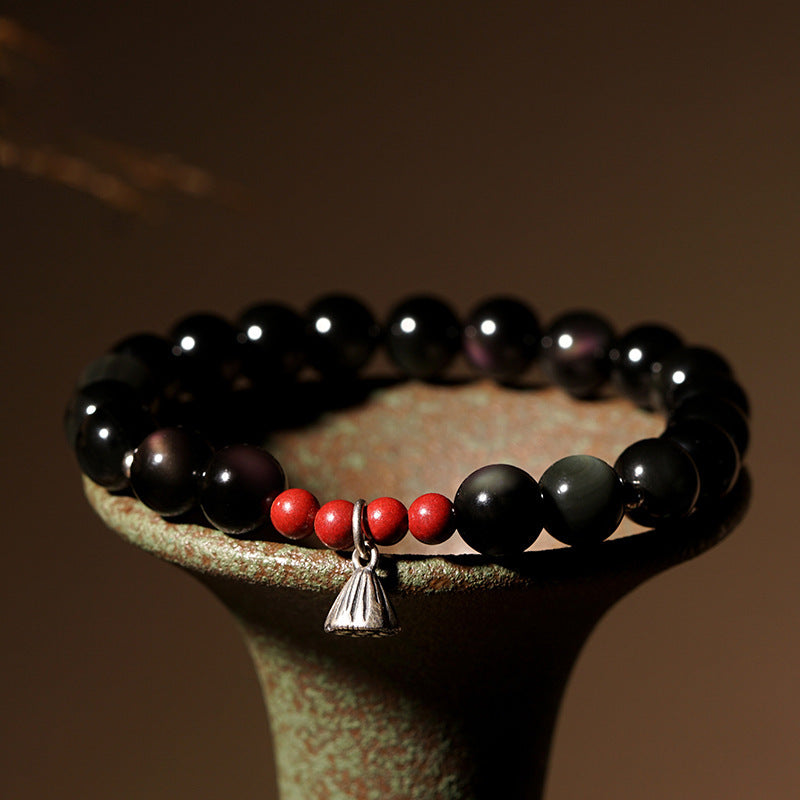 FJHDIY035 Obsidian Buddhist bead lotus pod Bracelet 8mm