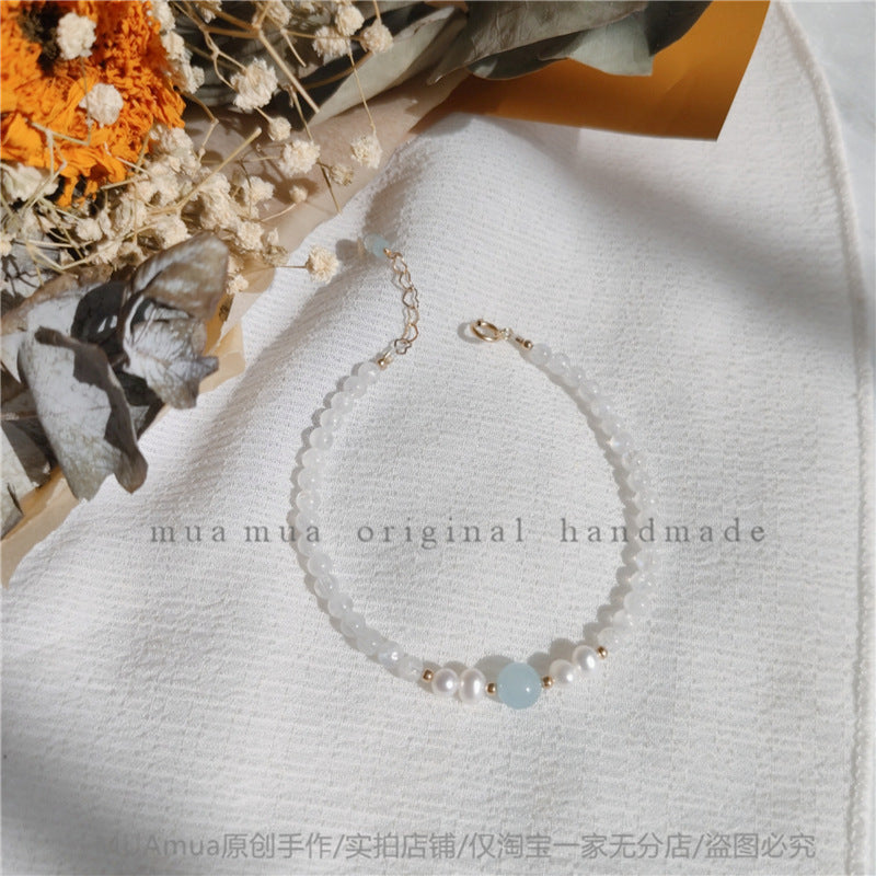 FJHDIY047 Natural Aquamarine Blue Moonlight Pearl Bracelet 4mm