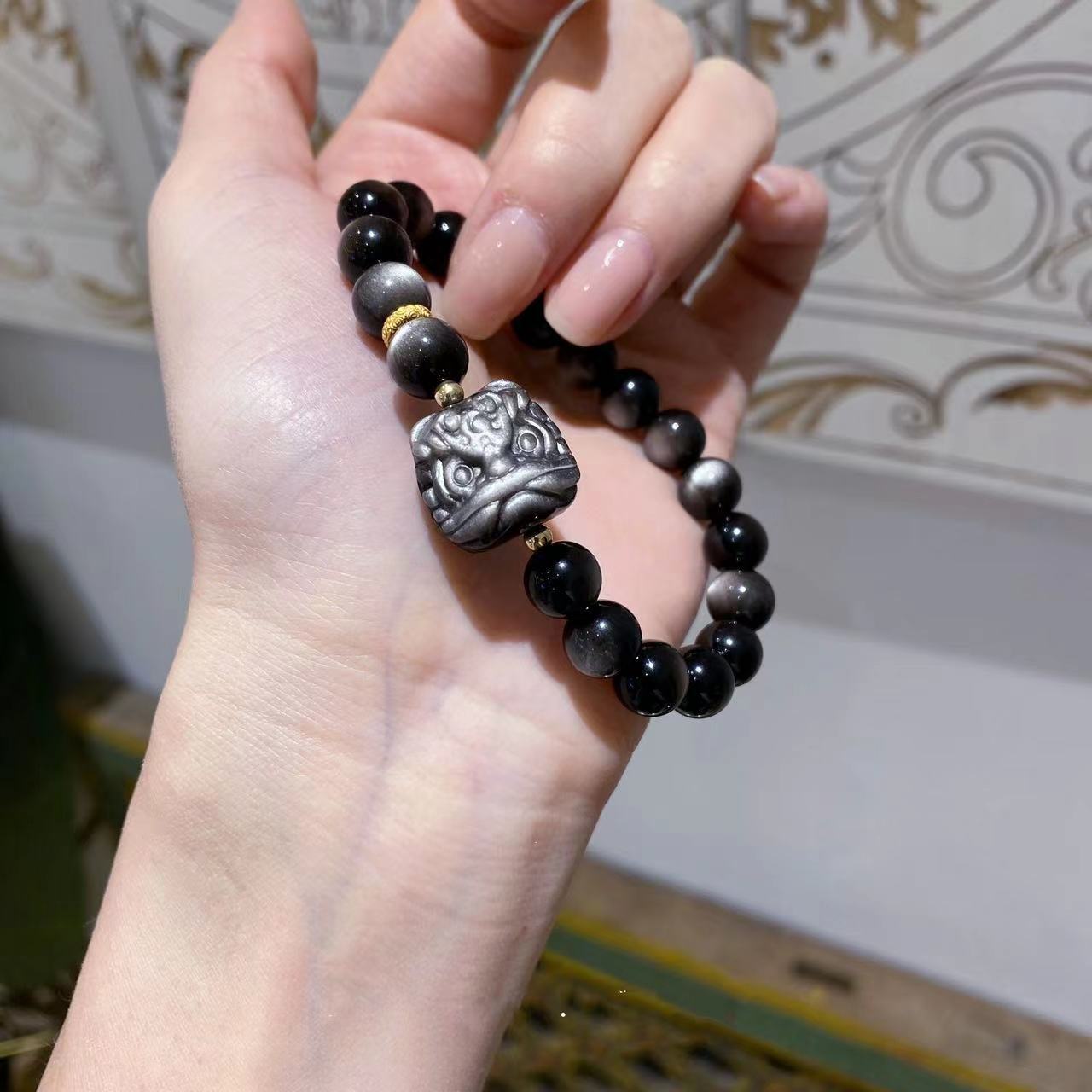 FJHDIY034 Silver Obsidian Lion Fox Bracelet 8mm