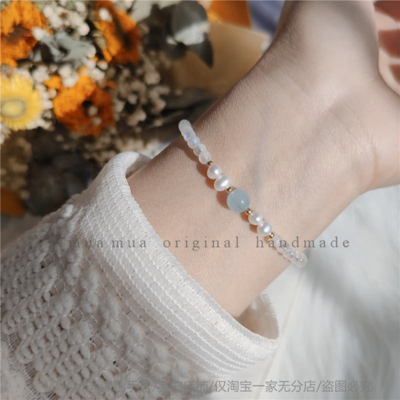 FJHDIY047 Natural Aquamarine Blue Moonlight Pearl Bracelet 4mm
