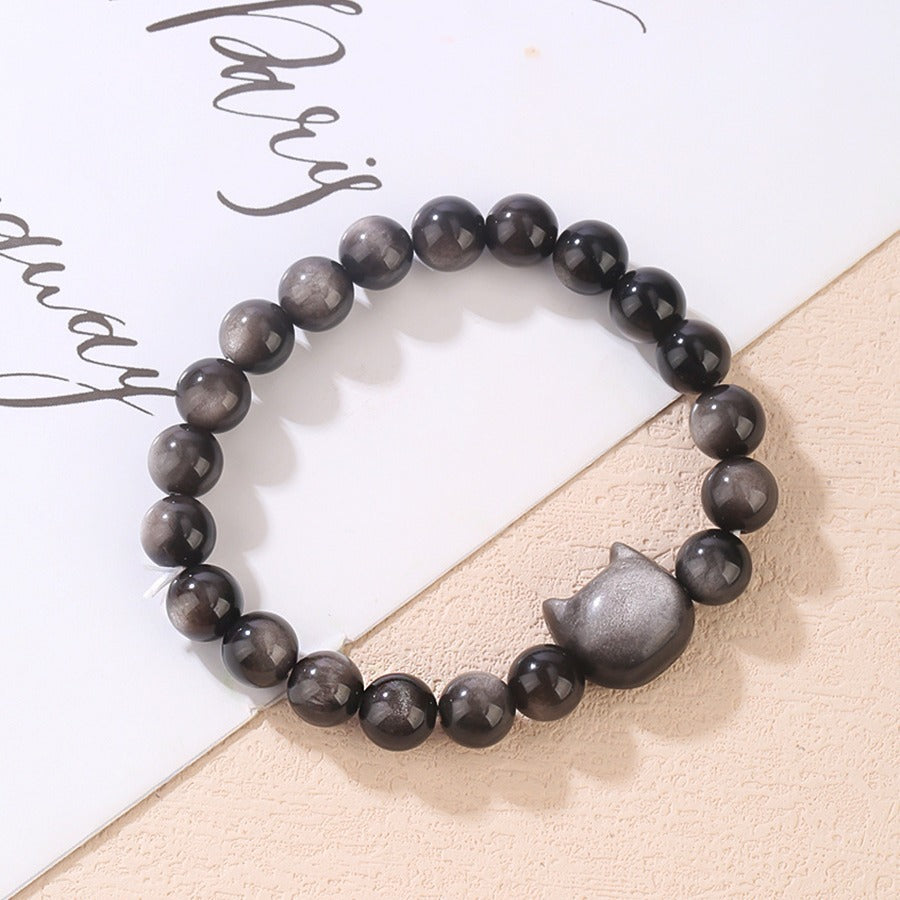 FJHDIY059 Silver Obsidian Cat Head Bracelet 8mm