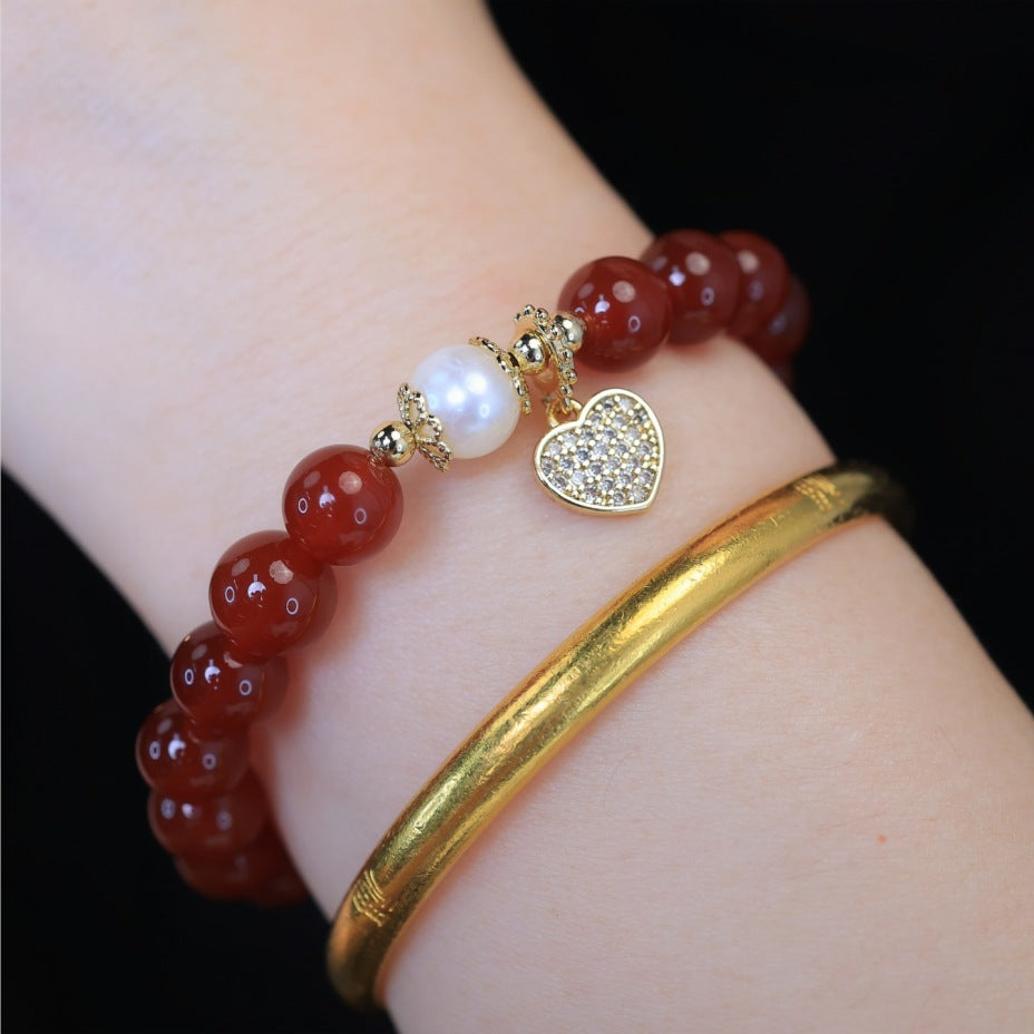 FJHDIY055 Red agate copper gold-plated love heart Bracelet 8mm
