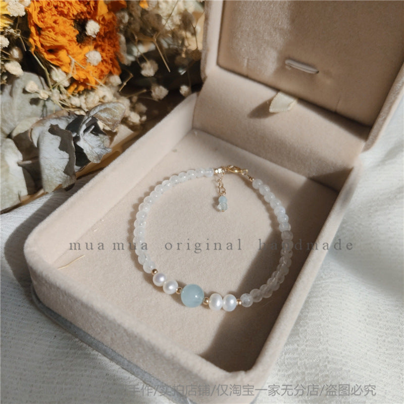 FJHDIY047 Natural Aquamarine Blue Moonlight Pearl Bracelet 4mm