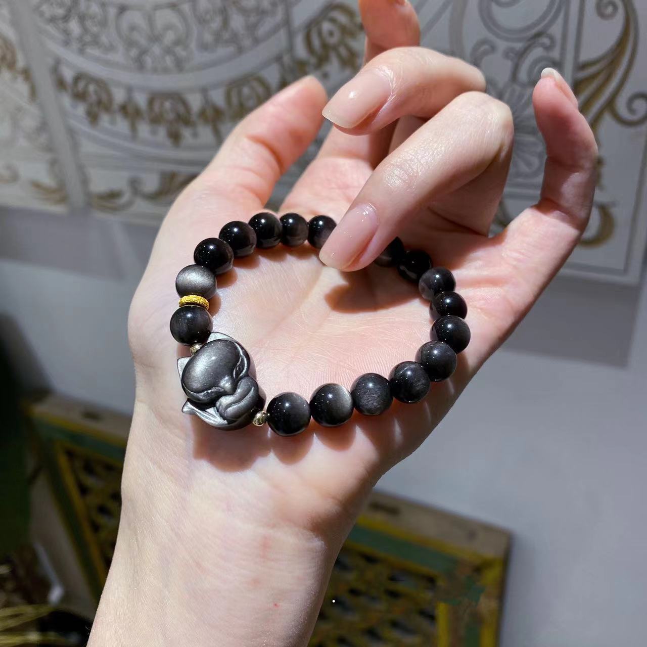 FJHDIY034 Silver Obsidian Lion Fox Bracelet 8mm