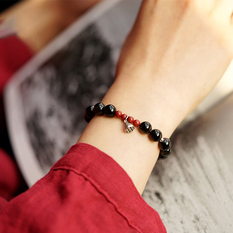FJHDIY035 Obsidian Buddhist bead lotus pod Bracelet 8mm