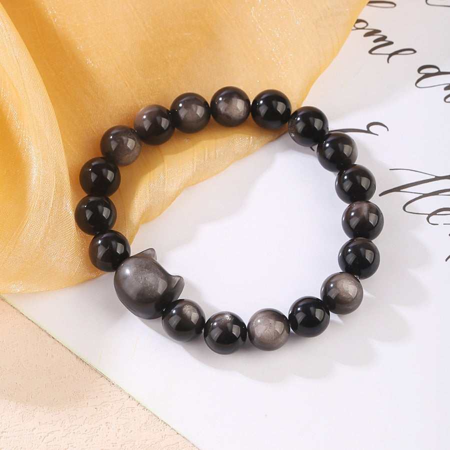 FJHDIY059 Silver Obsidian Cat Head Bracelet 8mm