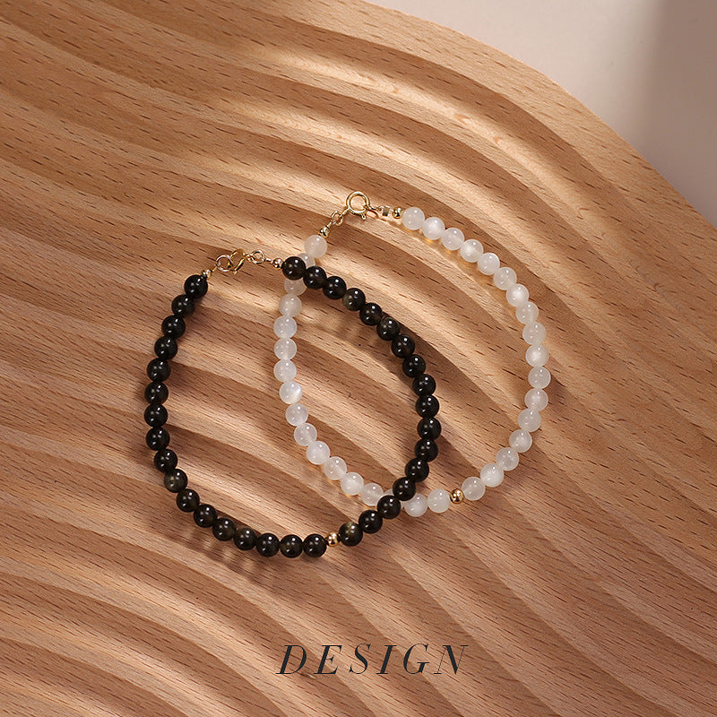 FJHDIY027 Obsidian Moonstone Couple Bracelet 4mm