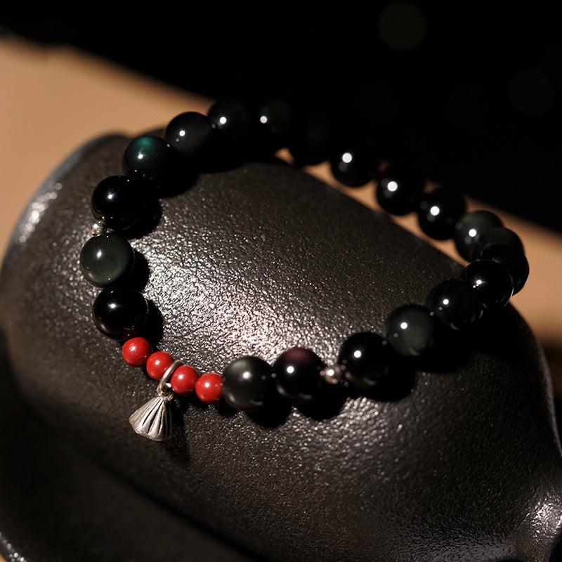 FJHDIY035 Obsidian Buddhist bead lotus pod Bracelet 8mm