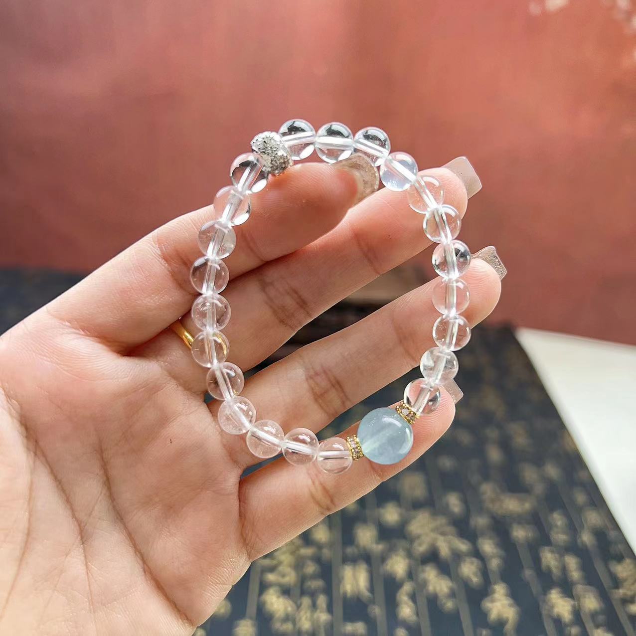 FJHDIY058 Natural aquamarine white crystal Bracelet 8mm