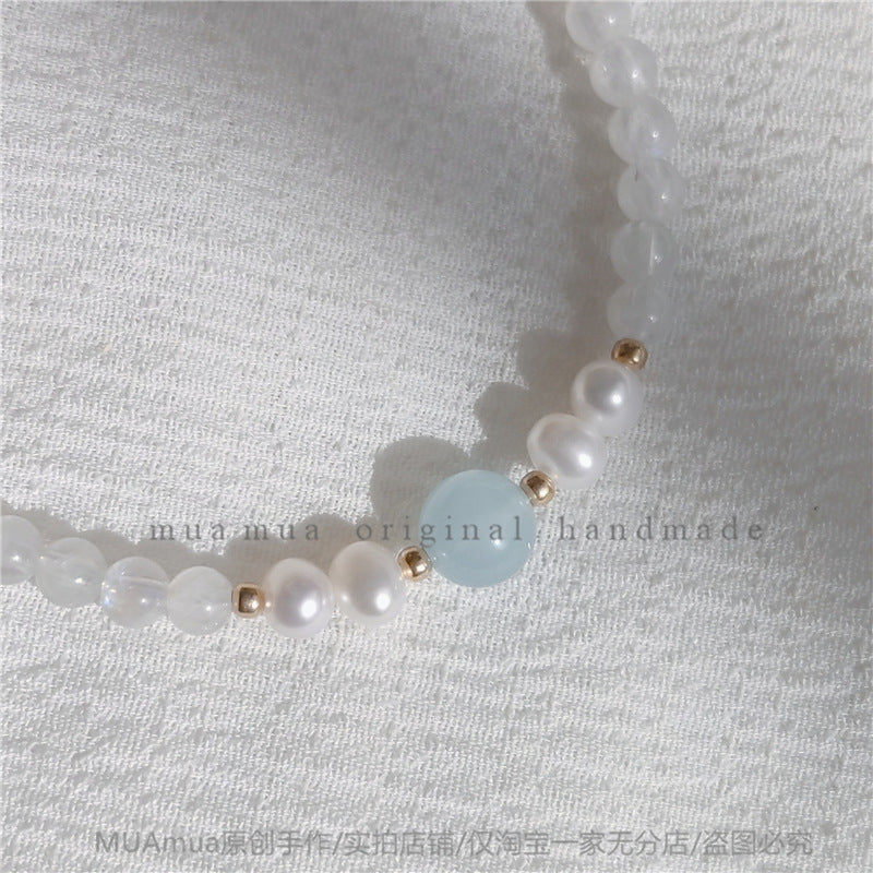 FJHDIY047 Natural Aquamarine Blue Moonlight Pearl Bracelet 4mm