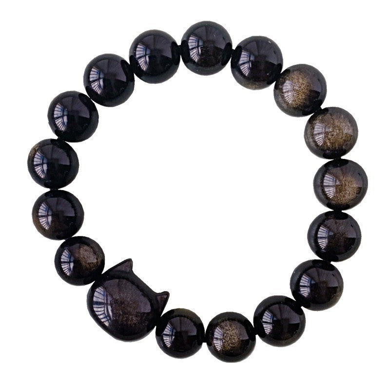 FJHDIY059 Silver Obsidian Cat Head Bracelet 8mm