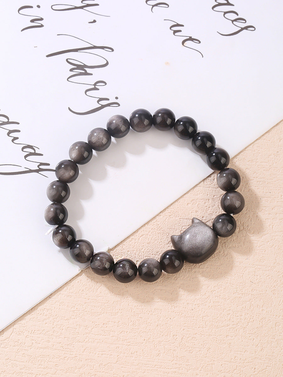 FJHDIY059 Silver Obsidian Cat Head Bracelet 8mm