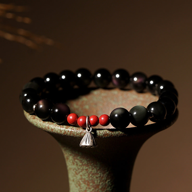 FJHDIY035 Obsidian Buddhist bead lotus pod Bracelet 8mm