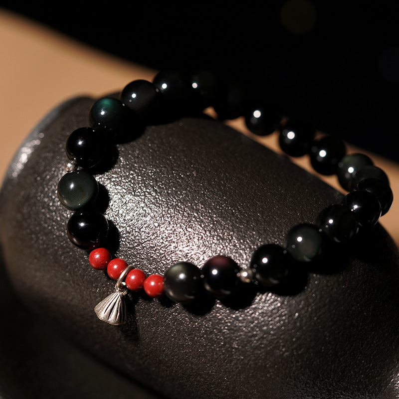 FJHDIY035 Obsidian Buddhist bead lotus pod Bracelet 8mm