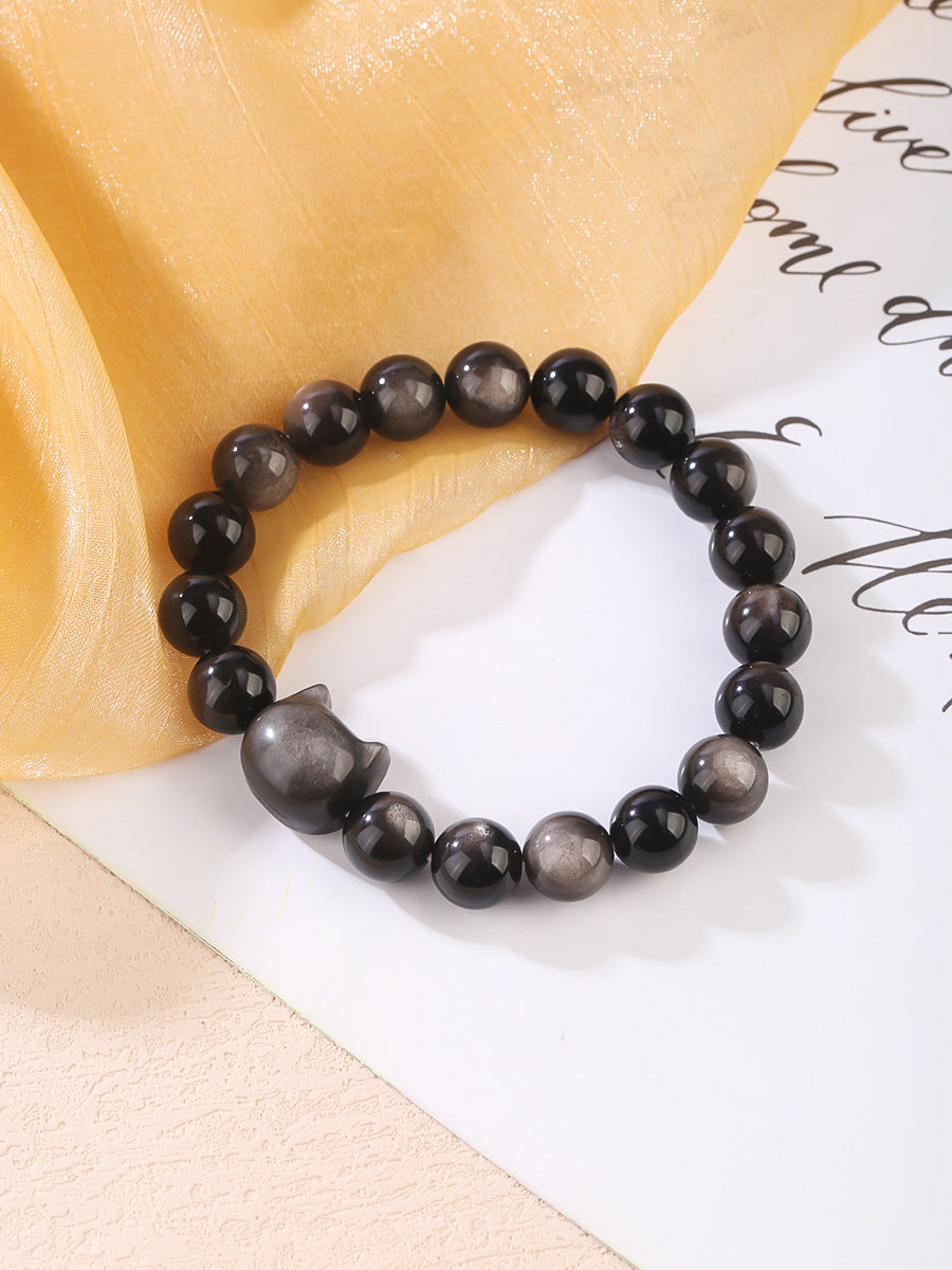 FJHDIY059 Silver Obsidian Cat Head Bracelet 8mm