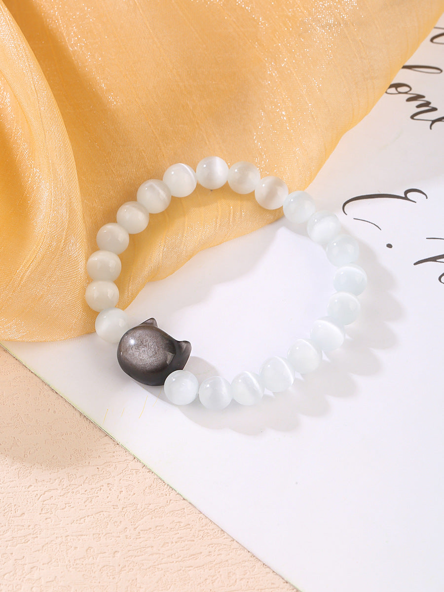 FJHDIY059 Silver Obsidian Cat Head Bracelet 8mm
