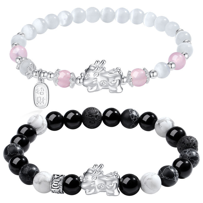 FJHDIY050 Cat's Eye Obsidian Sterling Silver Pixiu Bracelet 8mm