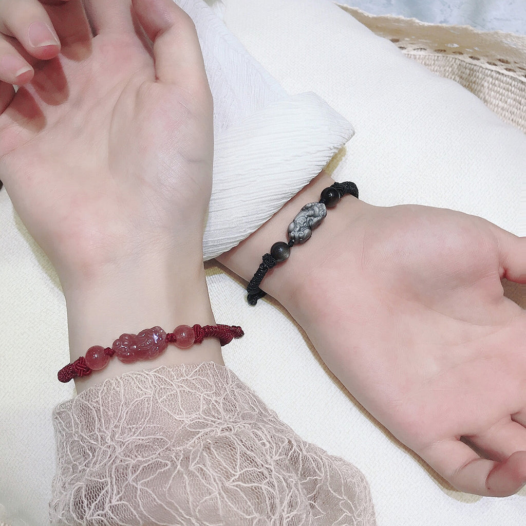 FJHDIY049 Strawberry crystal silver obsidian Pixiu Bracelet 12mm