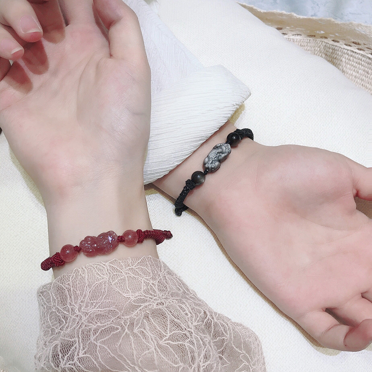 FJHDIY049 Strawberry crystal silver obsidian Pixiu Bracelet 12mm