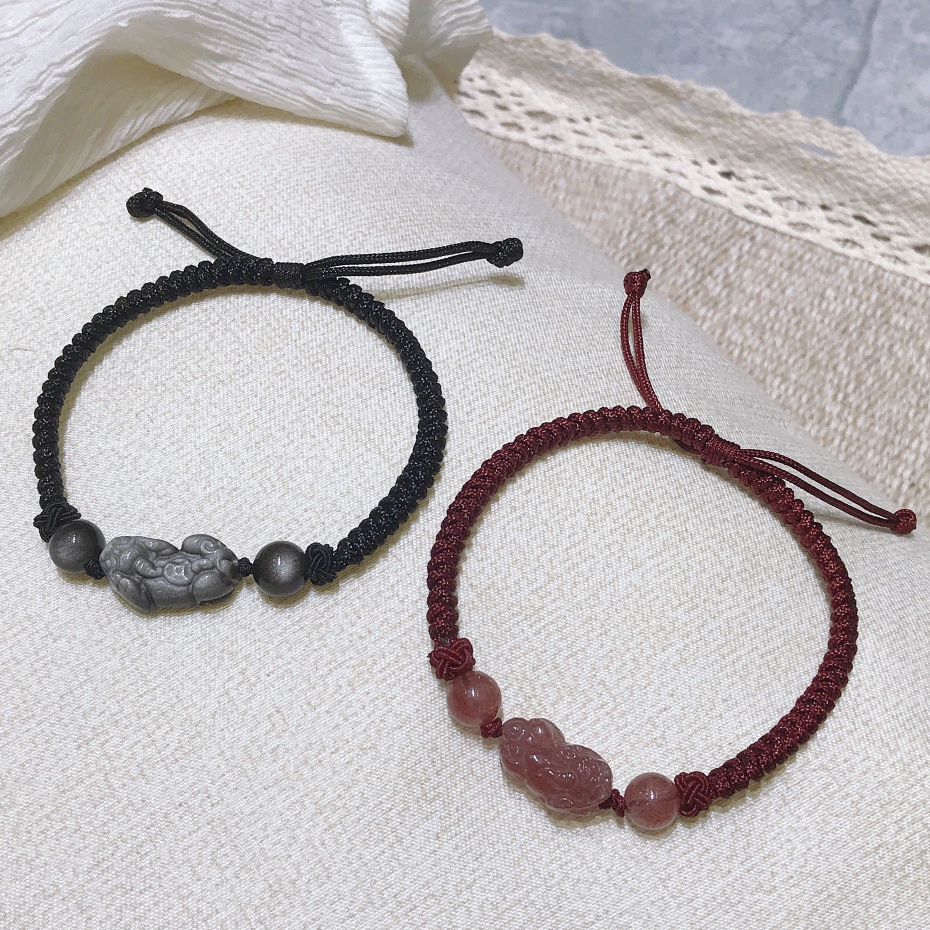 FJHDIY049 Strawberry crystal silver obsidian Pixiu Bracelet 12mm