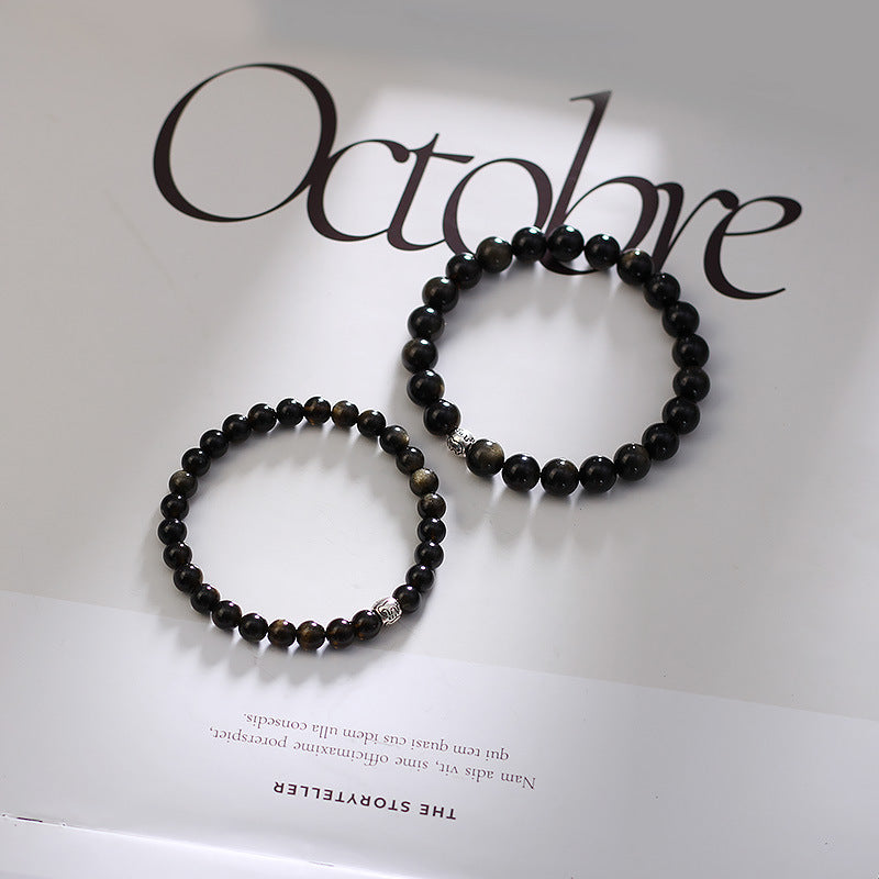 天然黒曜石黒曜石カップルブレスレットスターリングシルバーカップルモデル