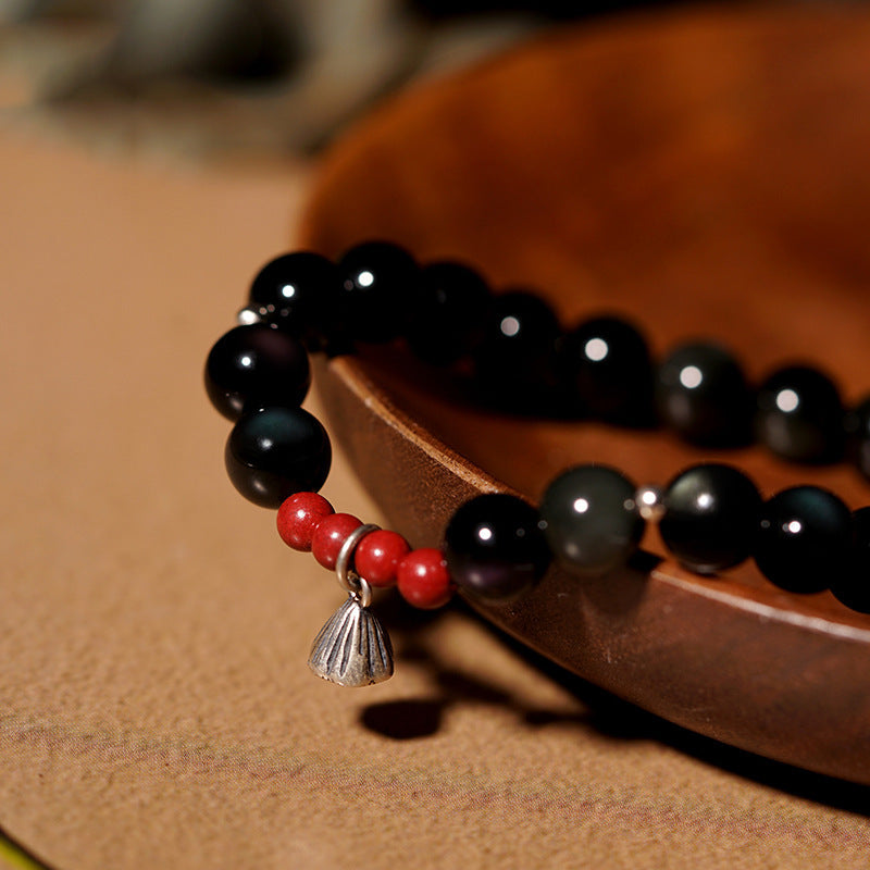 FJHDIY035 Obsidian Buddhist bead lotus pod Bracelet 8mm