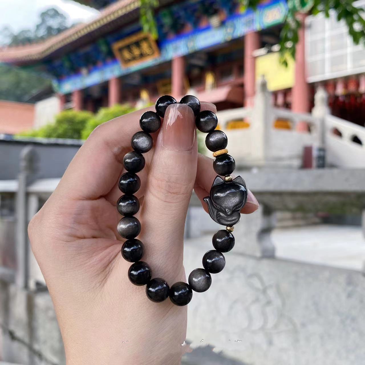 FJHDIY034 Silver Obsidian Lion Fox Bracelet 8mm