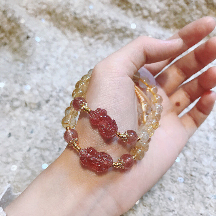 草莓水晶手鍊貔貅珠金色水晶手工編織女手鍊