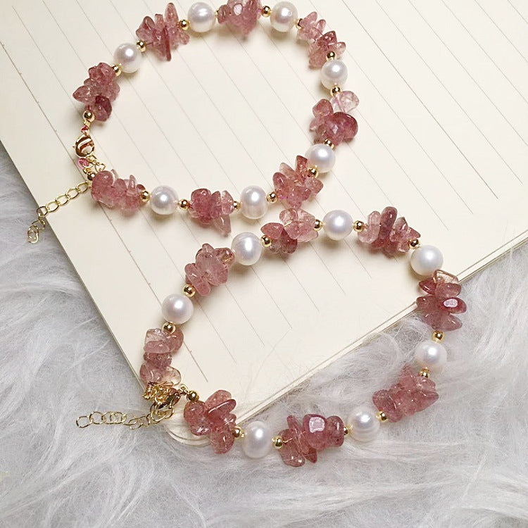 FJHDIY063 Strawberry Crystal Gravel Pearl Bracelet 8mm