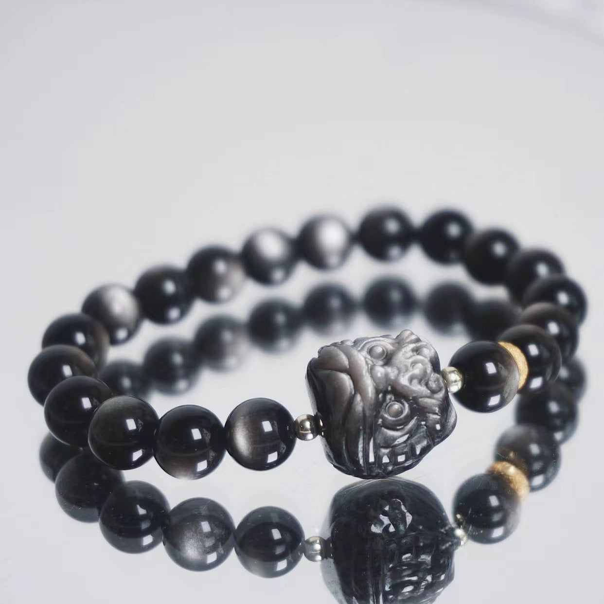 FJHDIY034 Silver Obsidian Lion Fox Bracelet 8mm