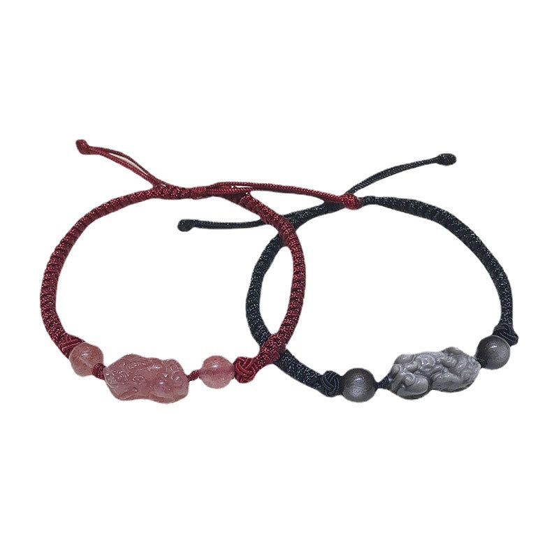 FJHDIY049 Strawberry crystal silver obsidian Pixiu Bracelet 12mm