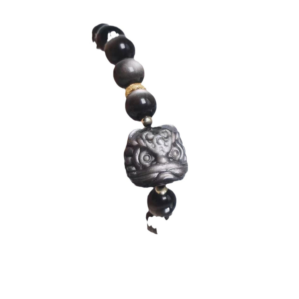 FJHDIY034 Silver Obsidian Lion Fox Bracelet 8mm