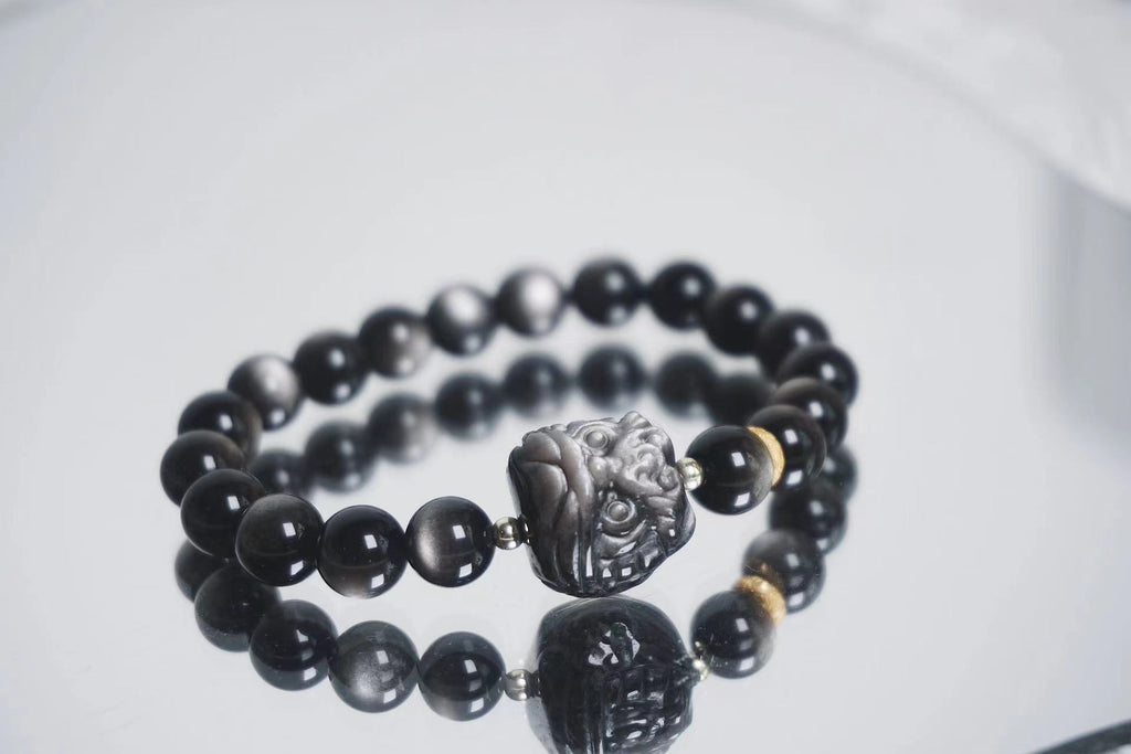 FJHDIY034 Silver Obsidian Lion Fox Bracelet 8mm