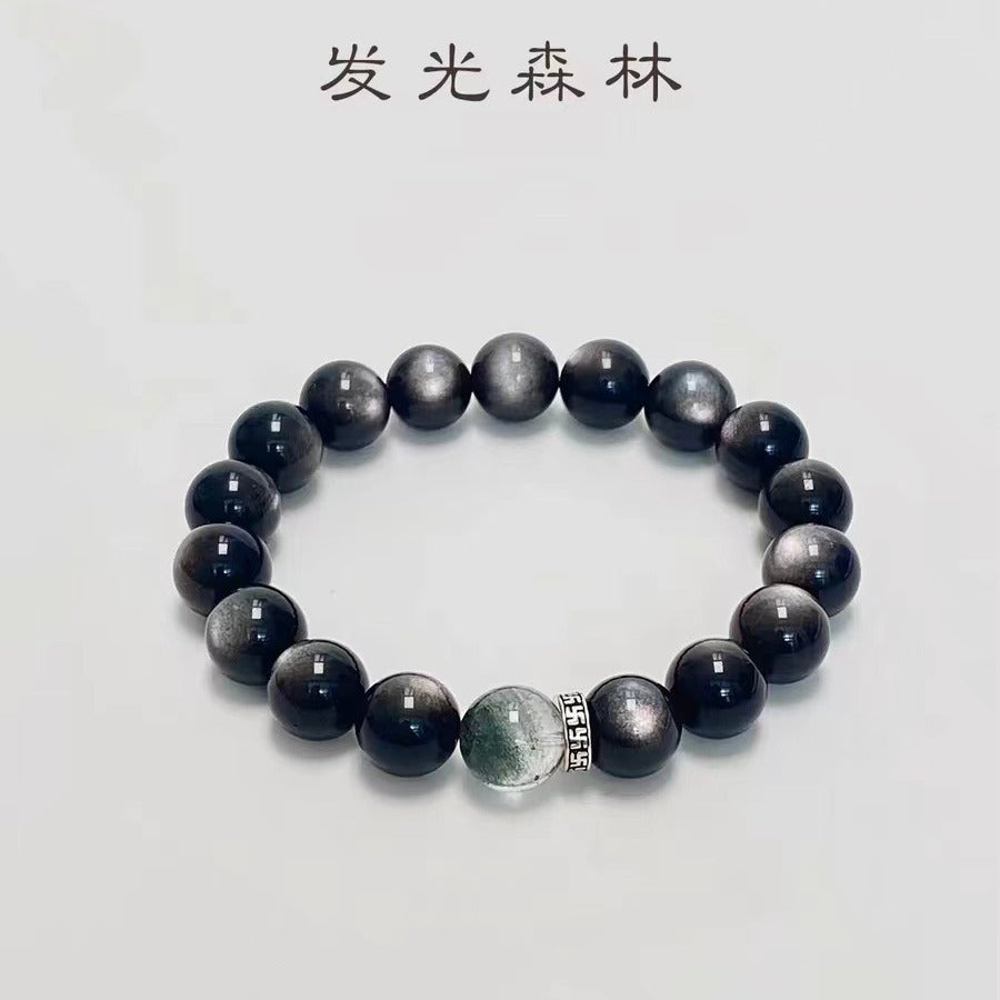 閃亮森林天然水晶黑曜石綠幽靈銀手珠手鍊