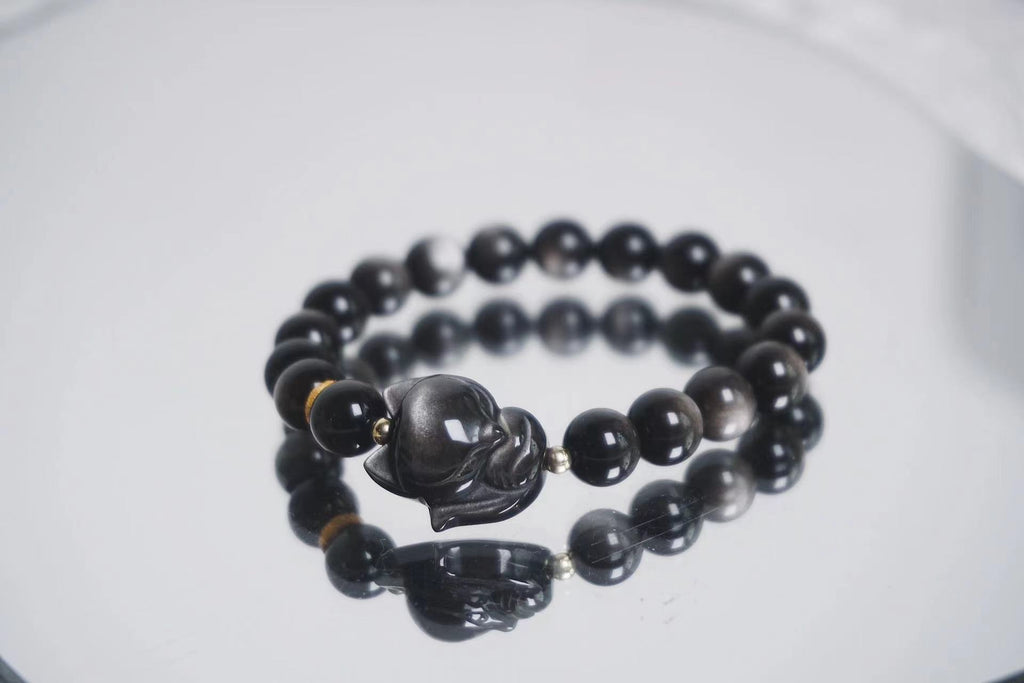 FJHDIY034 Silver Obsidian Lion Fox Bracelet 8mm
