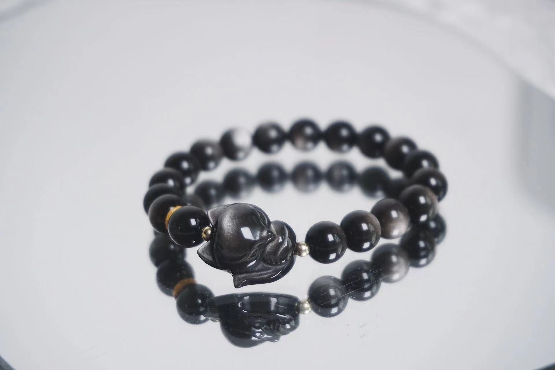 FJHDIY034 Silver Obsidian Lion Fox Bracelet 8mm
