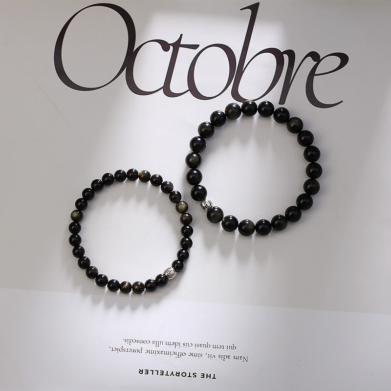 天然黒曜石黒曜石カップルブレスレットスターリングシルバーカップルモデル