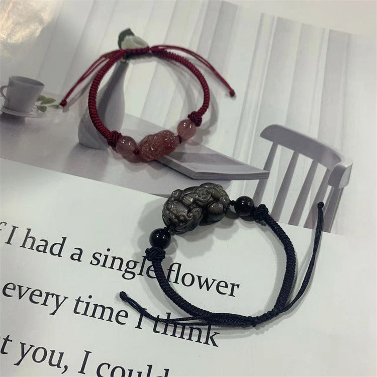 FJHDIY049 Strawberry crystal silver obsidian Pixiu Bracelet 12mm