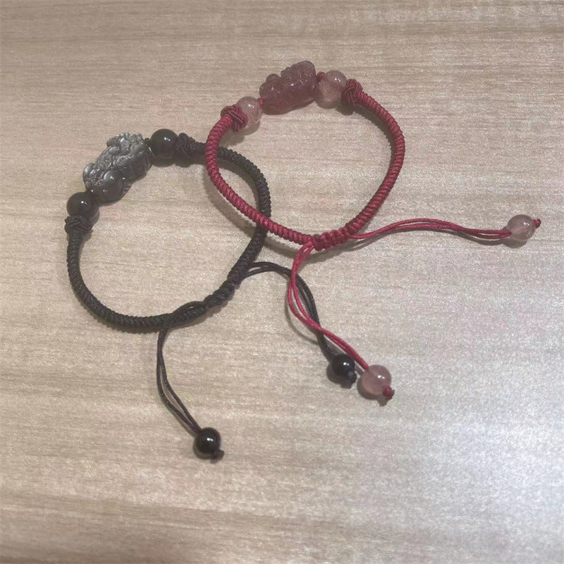 FJHDIY049 Strawberry crystal silver obsidian Pixiu Bracelet 12mm
